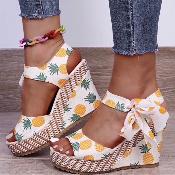 NEW| Women’s Pineapple Printed Summer Bow Knot Wedge Sandals - Picture 4 of 12
